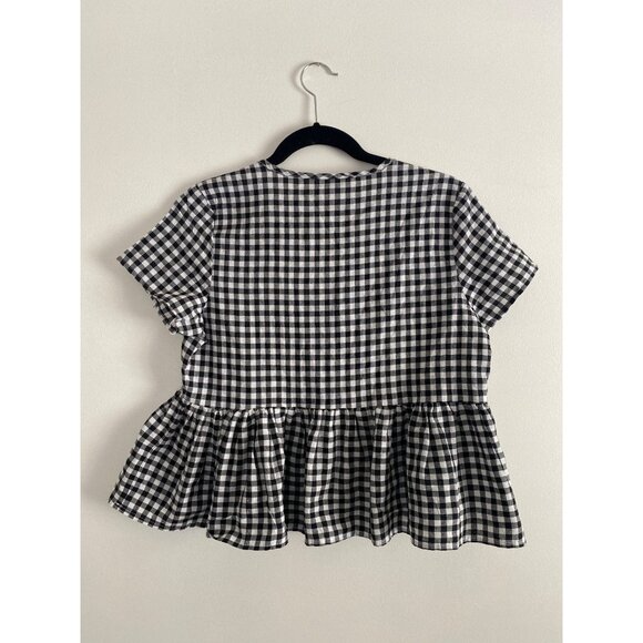 Women’s Gingham Peplum Blouse Black & White V-Neck Short Sleeve Size M - Picture 2 of 5